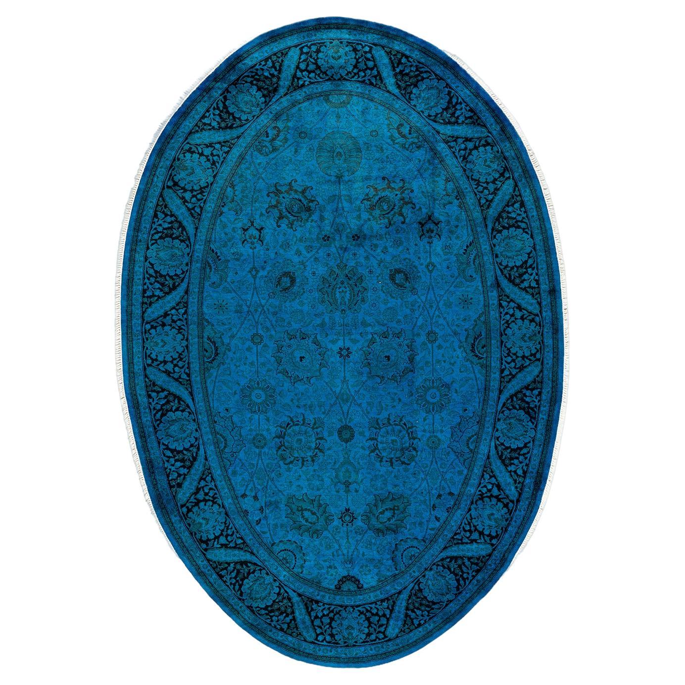 Tapis de sol contemporain en laine surteinte nouée à la main, bleu