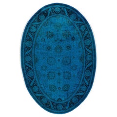 Tapis de sol contemporain en laine surteinte nouée à la main, bleu