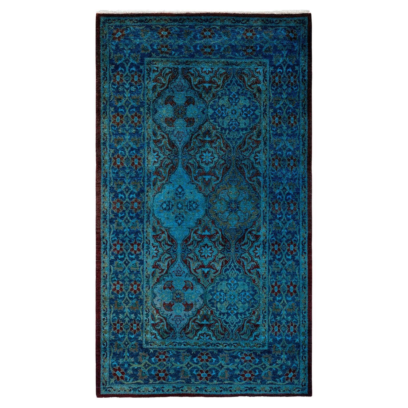 Contemporary Overdyed Hand Knotted Wool Blue Area Rug