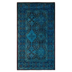 Tapis de sol contemporain en laine surteinte nouée à la main, bleu