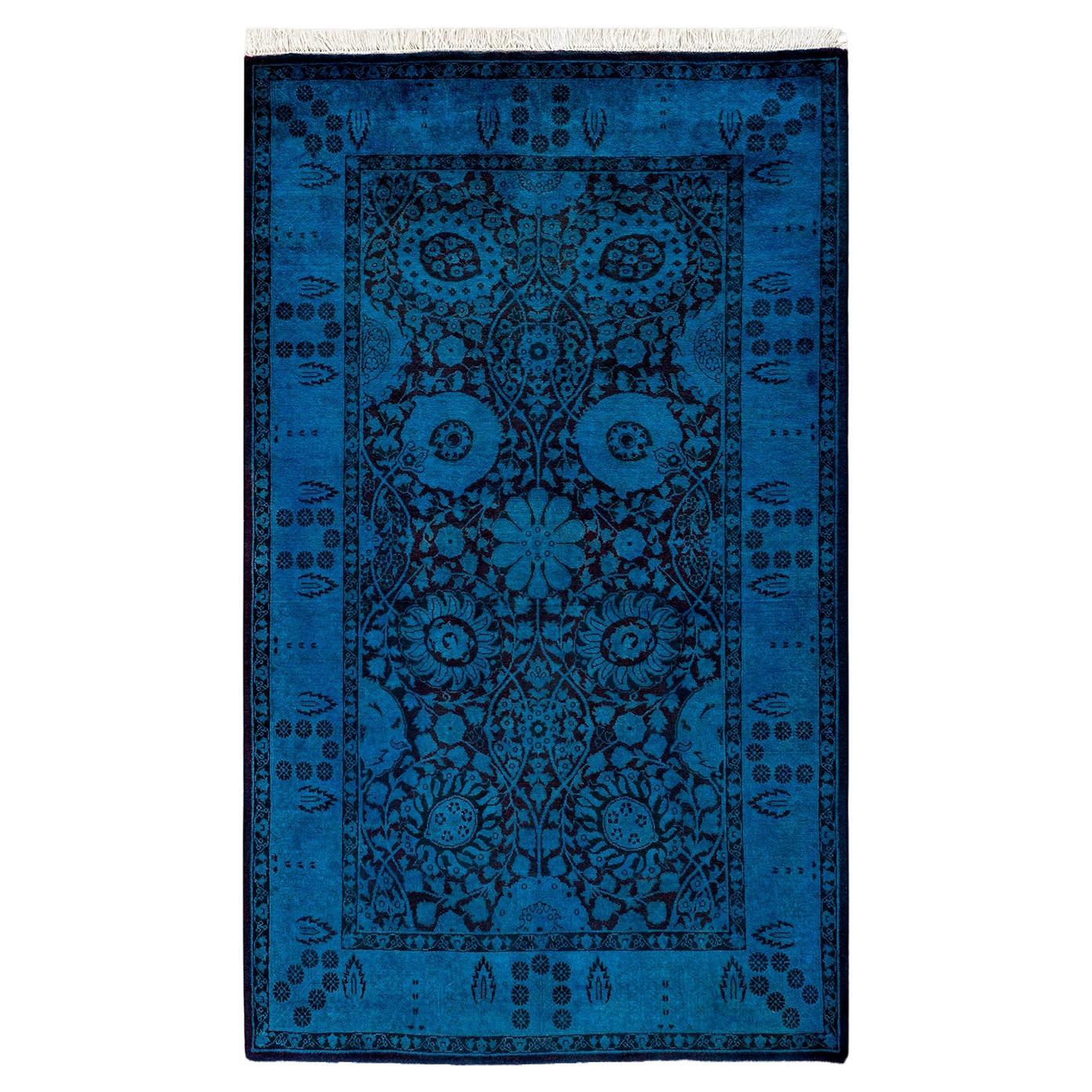 Contemporary Overdyed Hand Knotted Wool Blue Area Rug