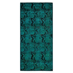 Tapis de sol contemporain en laine surteinte nouée à la main, bleu