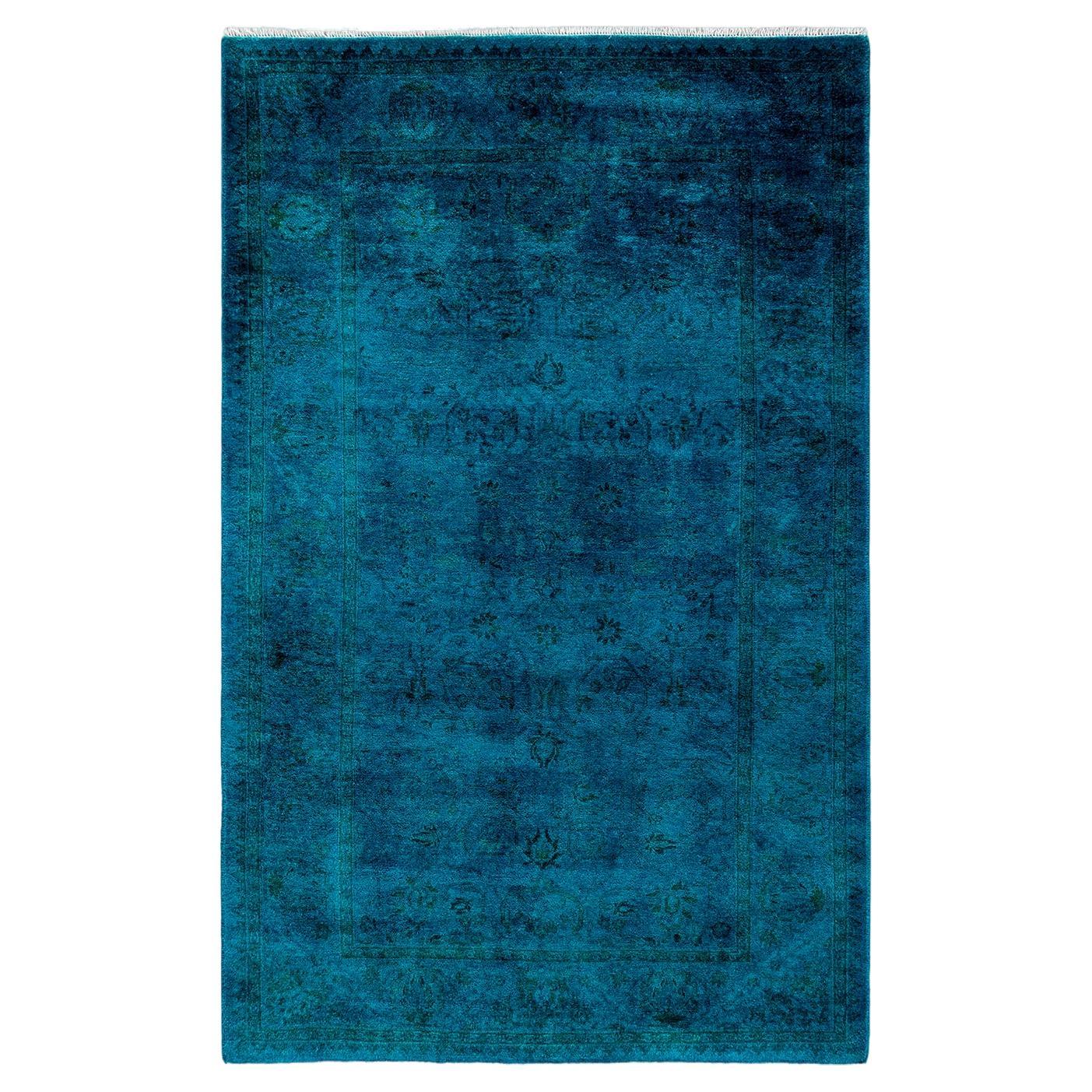 Contemporary Overdyed Hand Knotted Wool Blue Area Rug For Sale