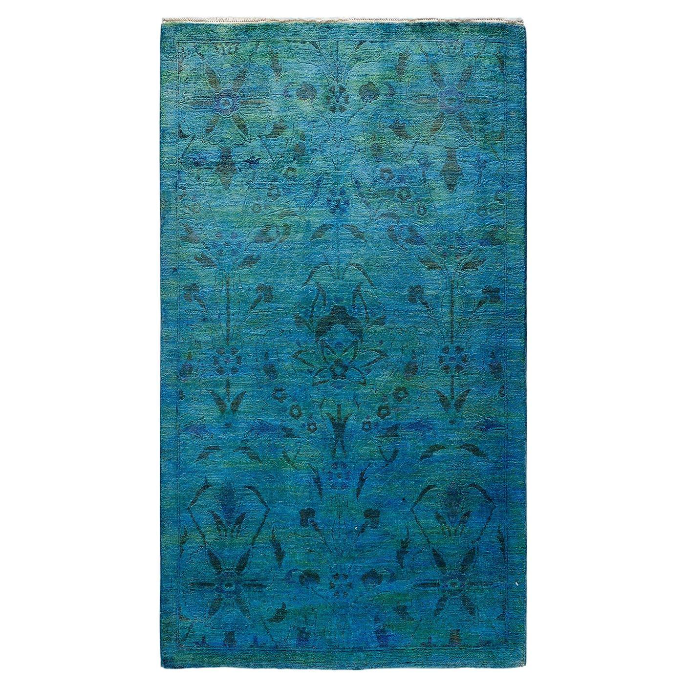 Tappeto contemporaneo in lana sovratinta annodata a mano di colore blu