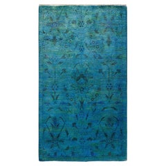 Tapis de sol contemporain en laine surteinte nouée à la main, bleu
