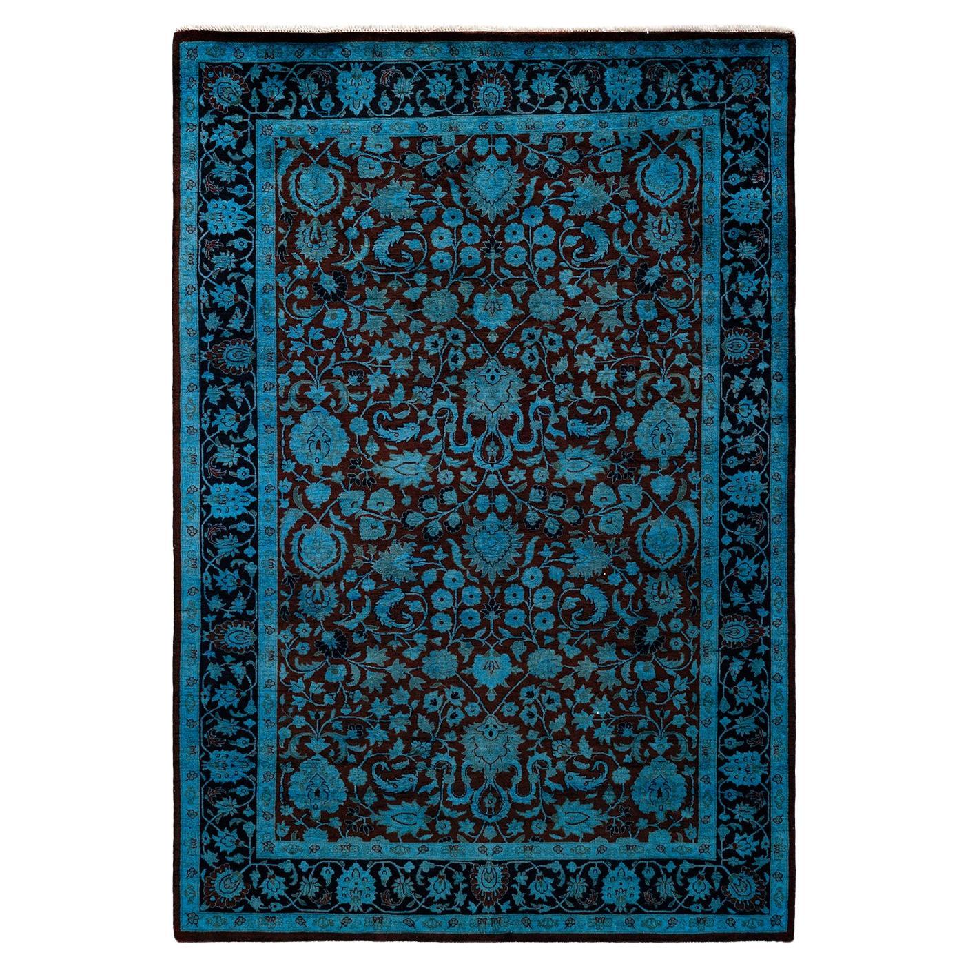 Contemporary Overdyed Hand Knotted Wool Blue Area Rug For Sale