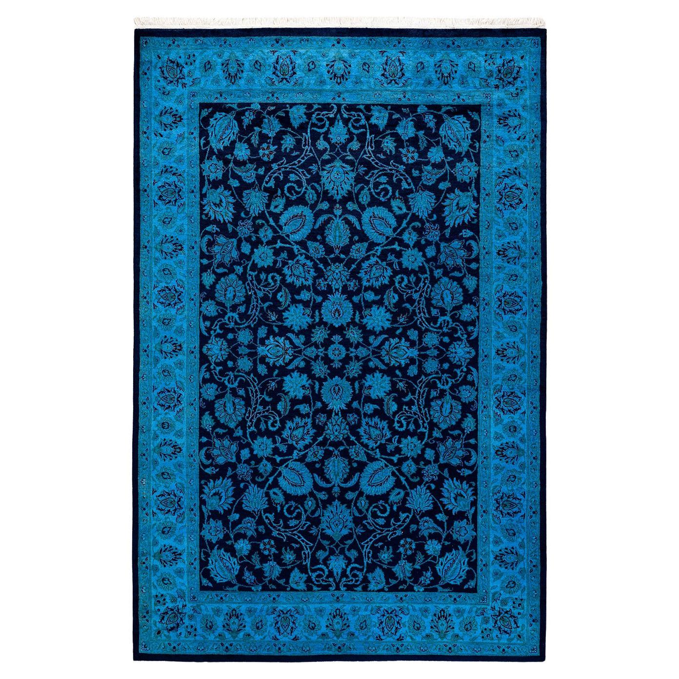 Tappeto contemporaneo in lana sovratinta annodata a mano di colore blu