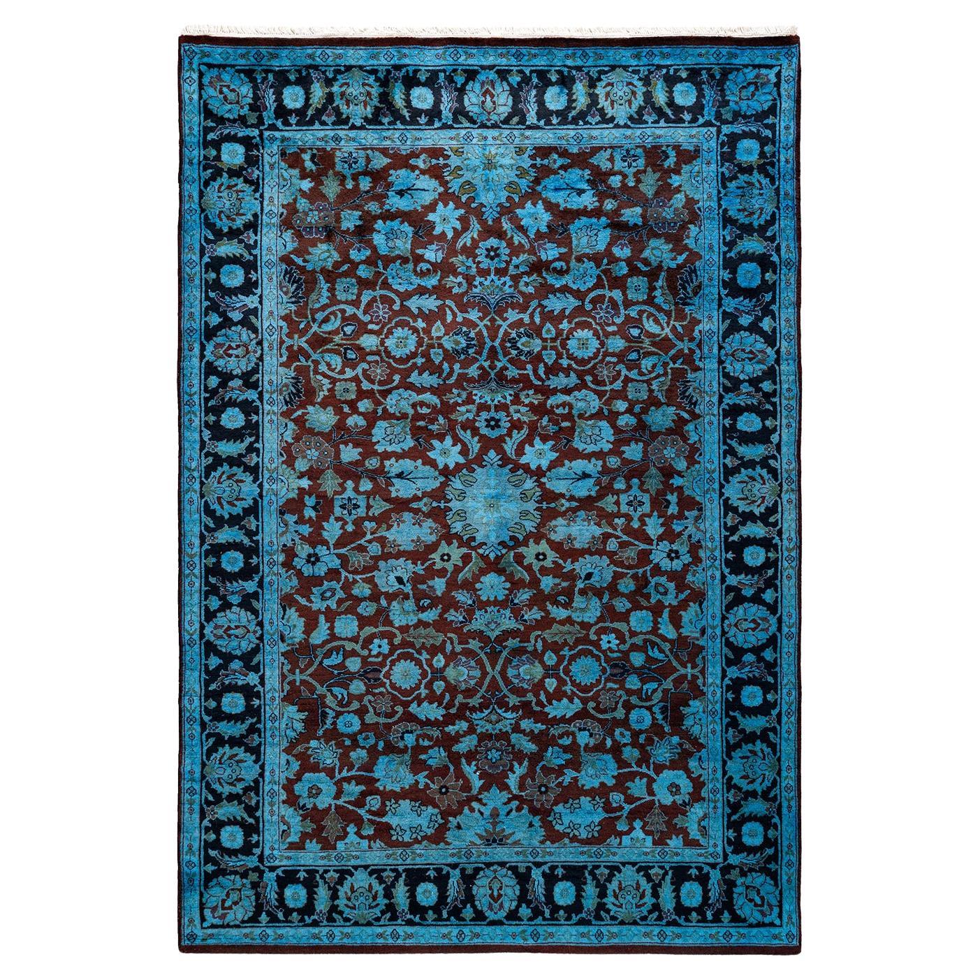 Contemporary Overdyed Hand Knotted Wool Blue Area Rug For Sale