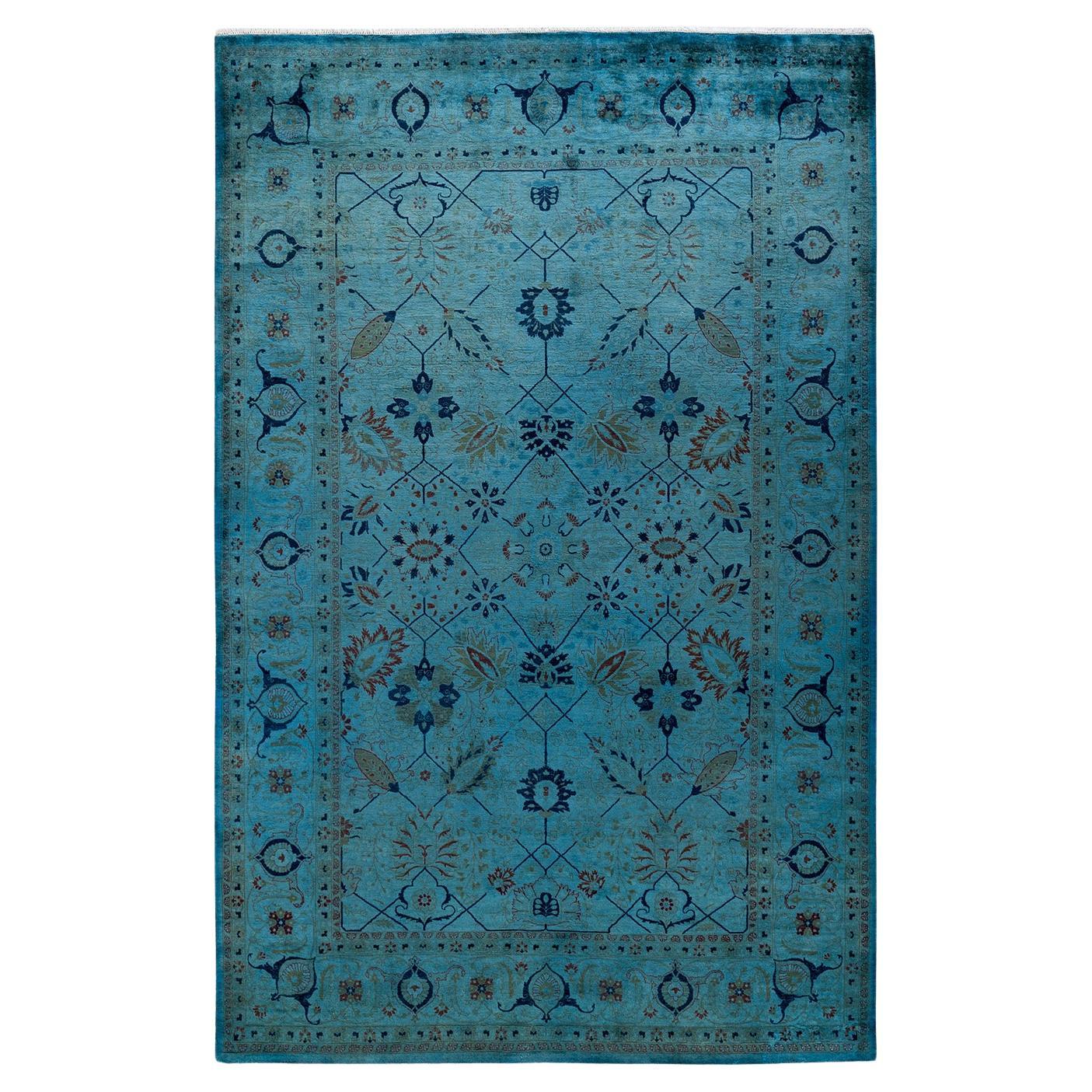 Tappeto contemporaneo in lana sovratinta annodata a mano di colore blu