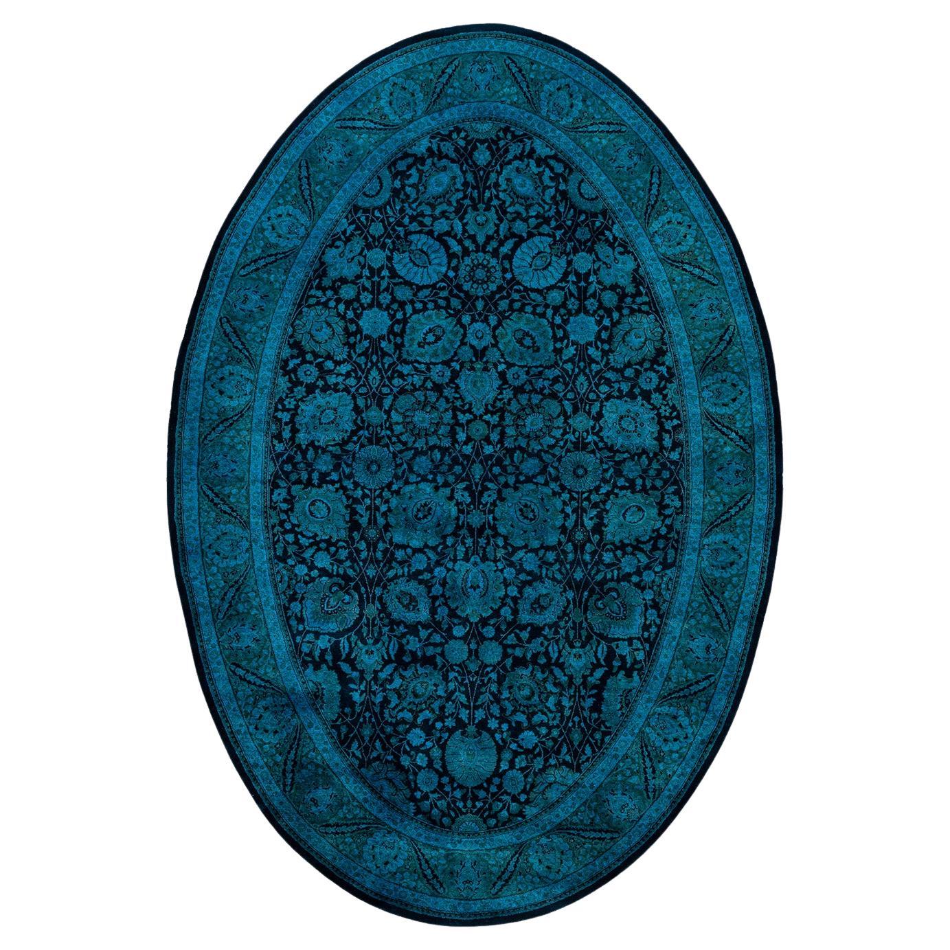 Tapis de sol contemporain en laine surteinte nouée à la main, bleu