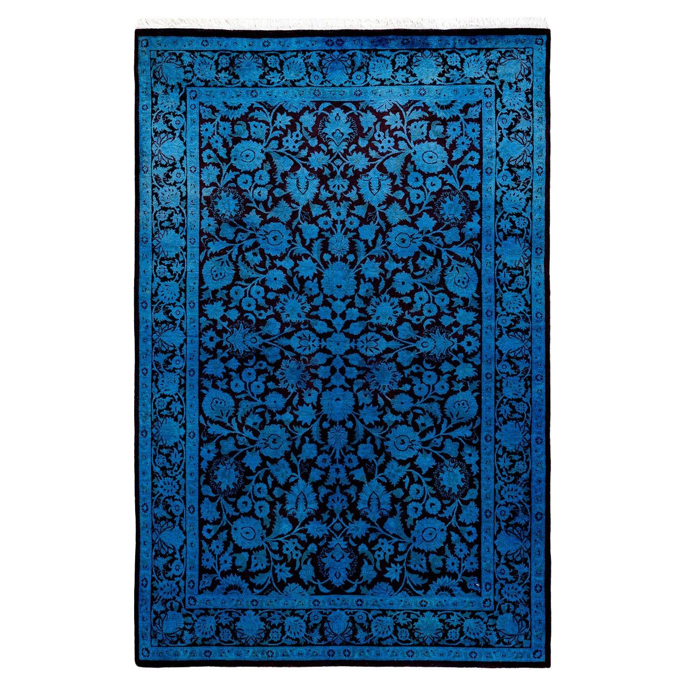 Contemporary Overdyed Hand Knotted Wool Blue Area Rug