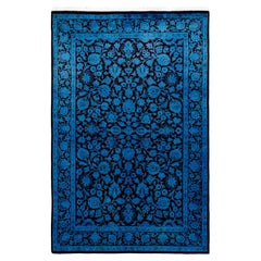Tappeto contemporaneo in lana sovratinta annodata a mano di colore blu