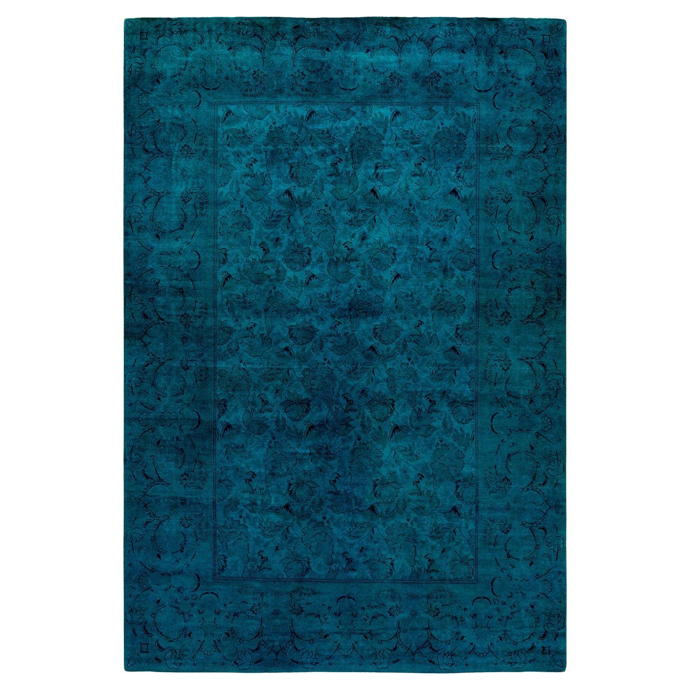 Tappeto contemporaneo in lana sovratinta annodata a mano di colore blu