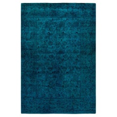 Tappeto contemporaneo in lana sovratinta annodata a mano di colore blu