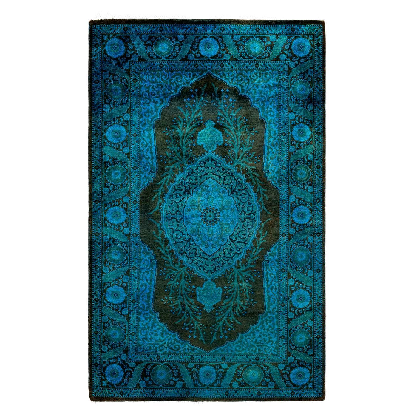 Alfombra de lana teñida a mano contemporánea azul