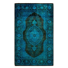 Tapis de sol contemporain en laine surteinte nouée à la main, bleu