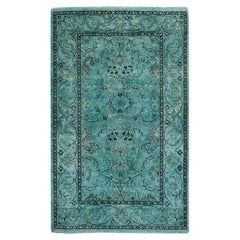 Tapis de sol contemporain en laine surteinte nouée à la main, bleu
