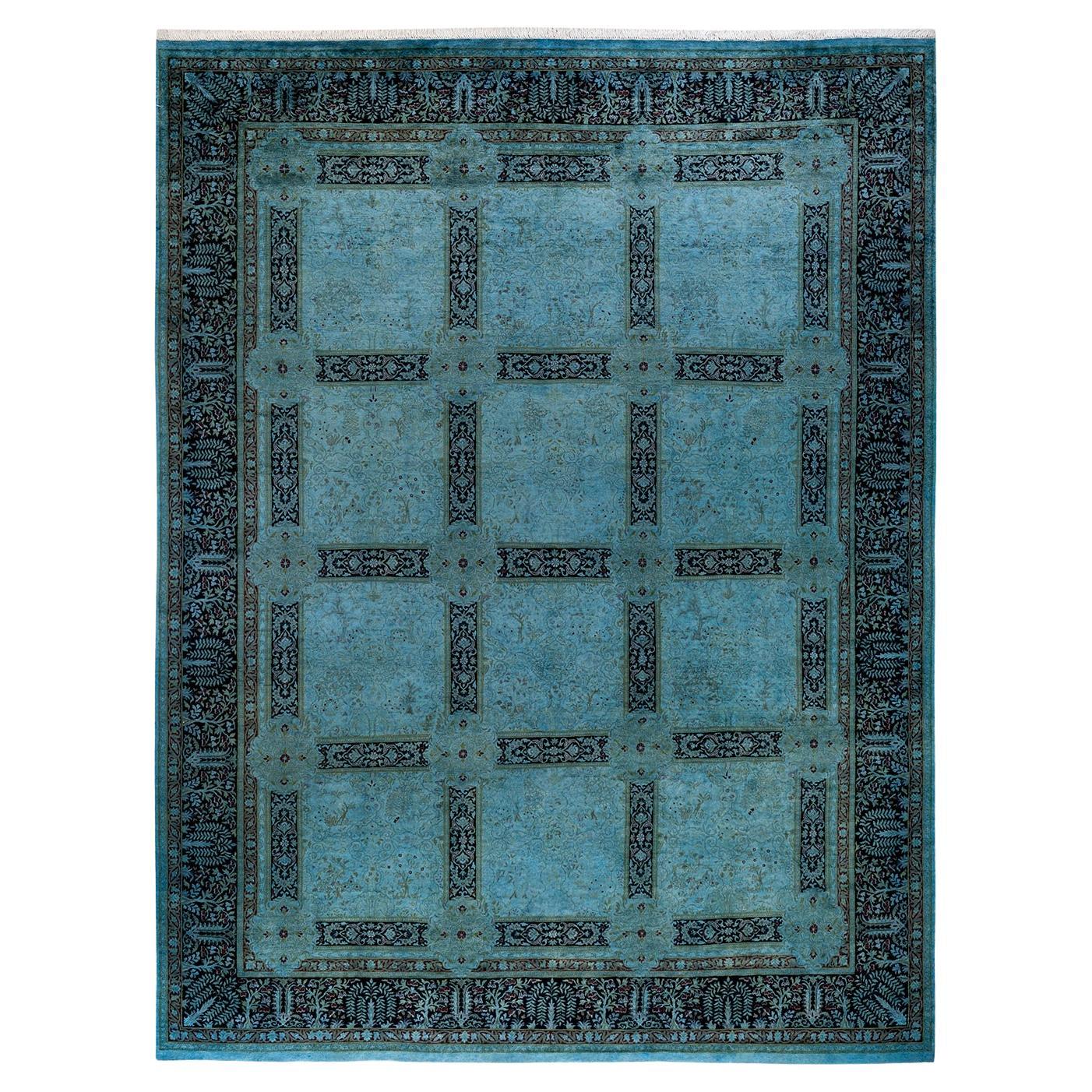 Contemporary Overdyed Hand Knotted Wool Blue Area Rug