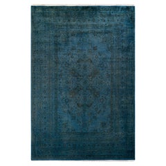 Tapis de sol contemporain en laine surteinte nouée à la main, bleu