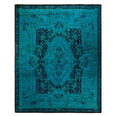 Tapis de sol contemporain en laine surteinte nouée à la main, bleu