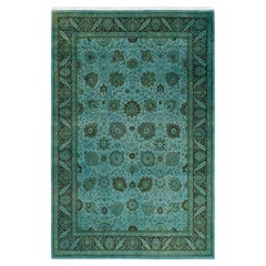 Tapis de sol contemporain en laine surteinte nouée à la main, bleu