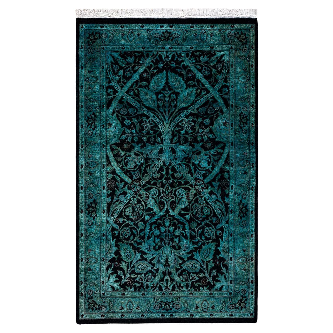 Contemporary Overdyed Hand Knotted Wool Blue Area Rug For Sale