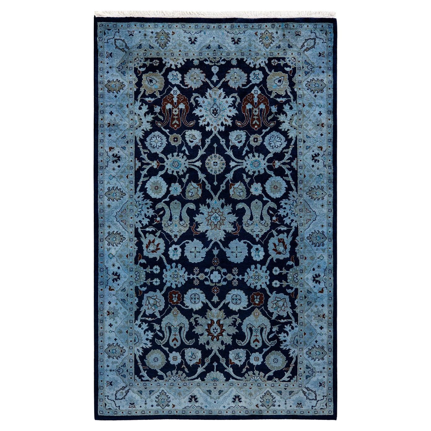 Contemporary Overdyed Hand Knotted Wool Blue Area Rug For Sale