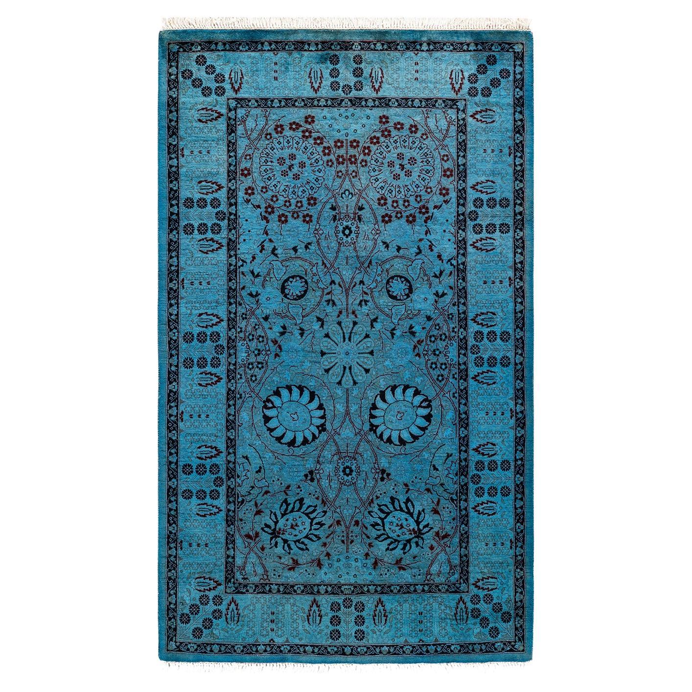 Contemporary Overdyed Hand Knotted Wool Blue Area Rug For Sale