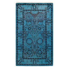Tapis de sol contemporain en laine surteinte nouée à la main, bleu