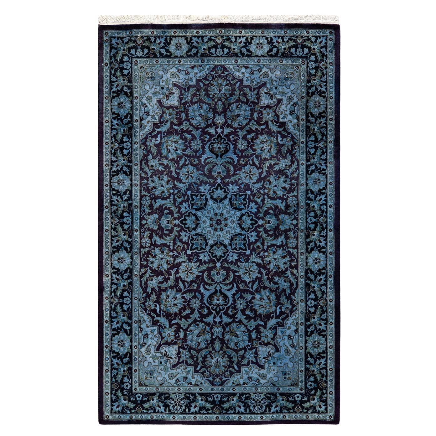 Contemporary Overdyed Hand Knotted Wool Blue Area Rug