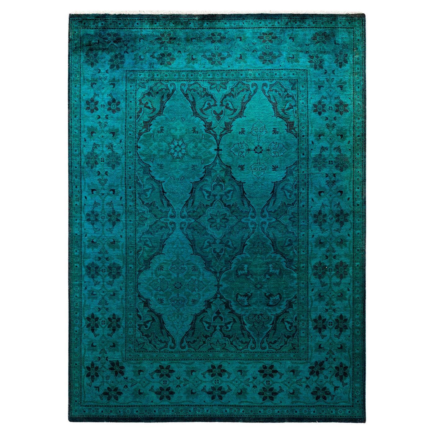 Tappeto contemporaneo in lana sovratinta annodata a mano di colore blu