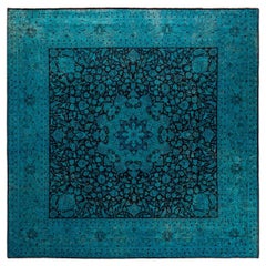 Tapis de sol contemporain en laine surteinte nouée à la main, bleu