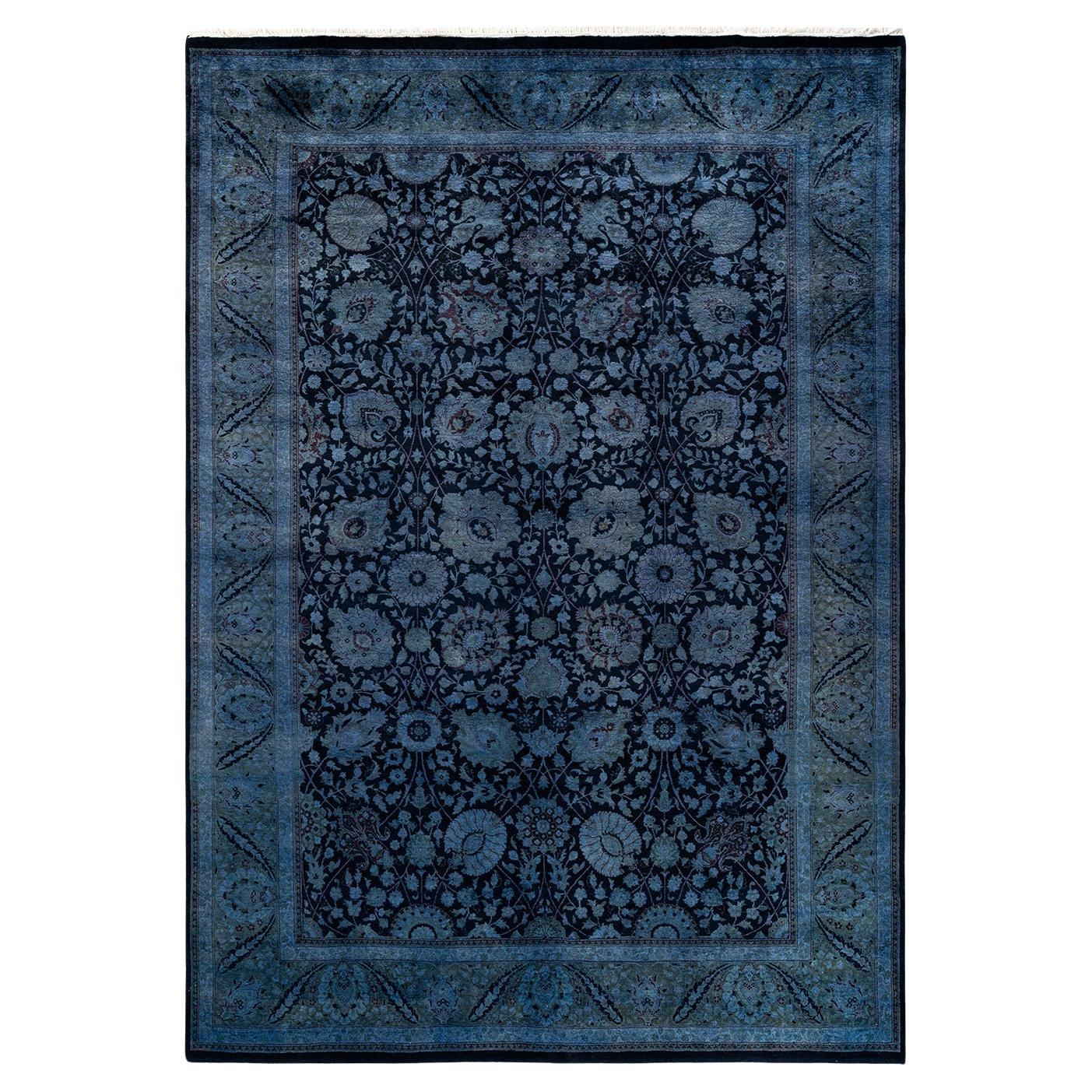 Contemporary Overdyed Hand Knotted Wool Blue Area Rug
