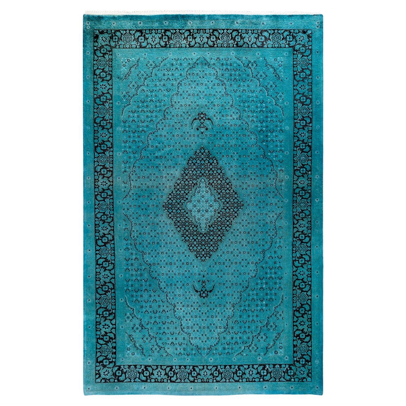 Tappeto contemporaneo in lana sovratinta annodata a mano di colore blu