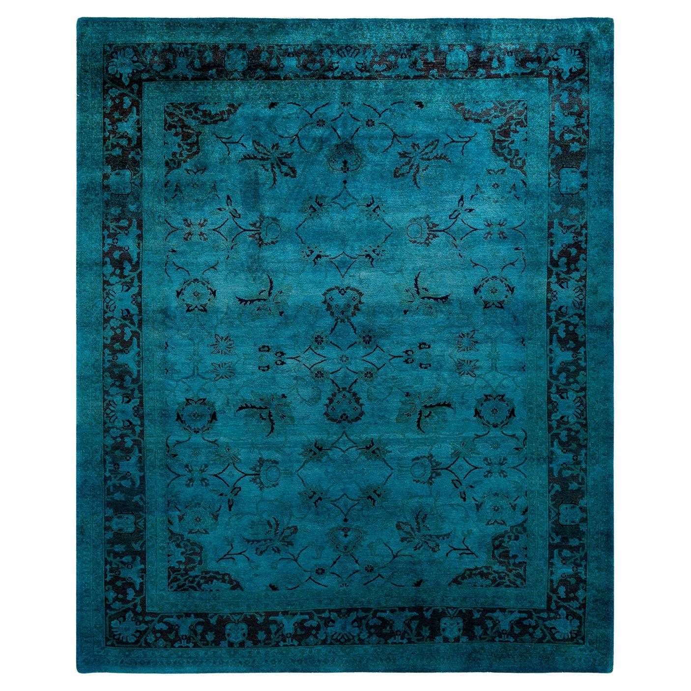 Tappeto contemporaneo in lana sovratinta annodata a mano di colore blu