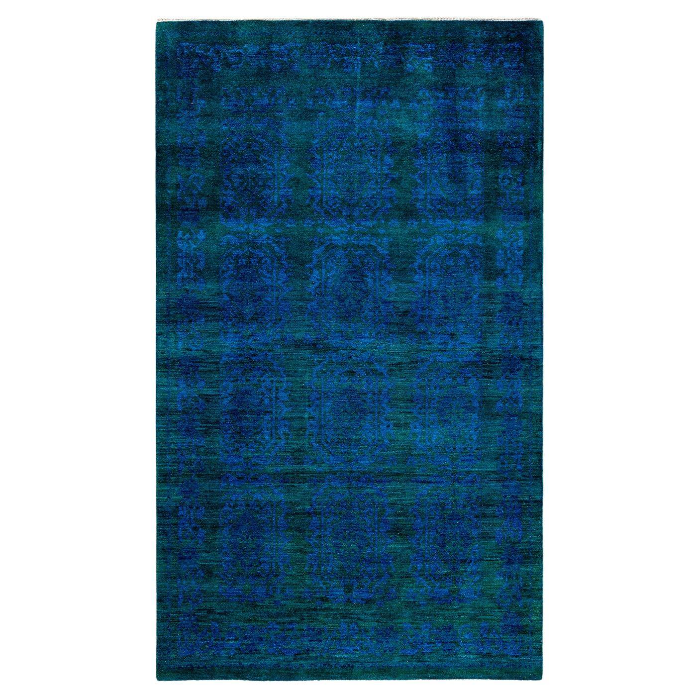 Tapis de sol contemporain en laine surteinte nouée à la main, bleu en vente
