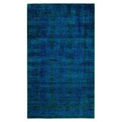 Tapis de sol contemporain en laine surteinte nouée à la main, bleu