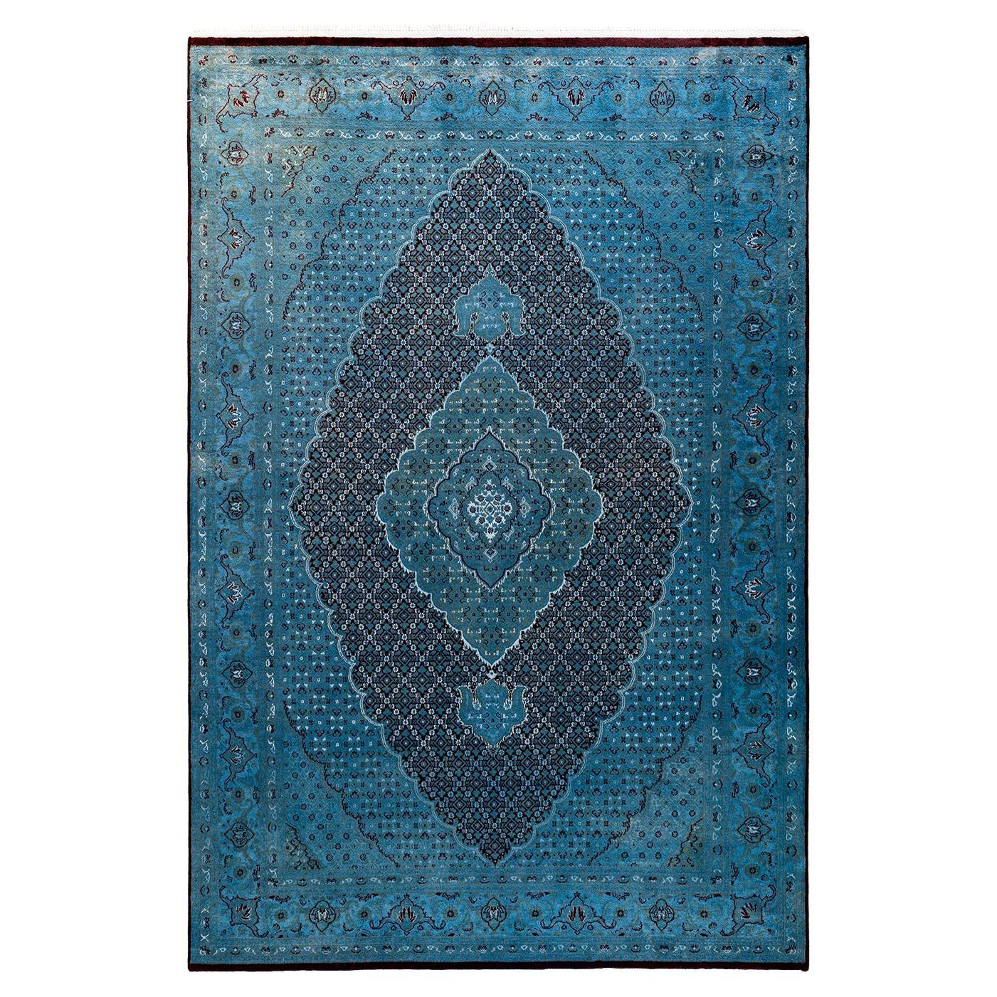 Contemporary Overdyed Hand Knotted Wool Blue Area Rug