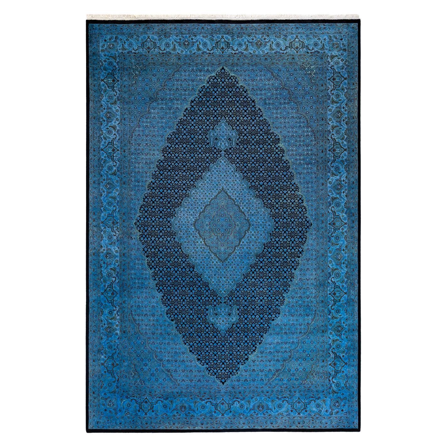Contemporary Overdyed Hand Knotted Wool Blue Area Rug