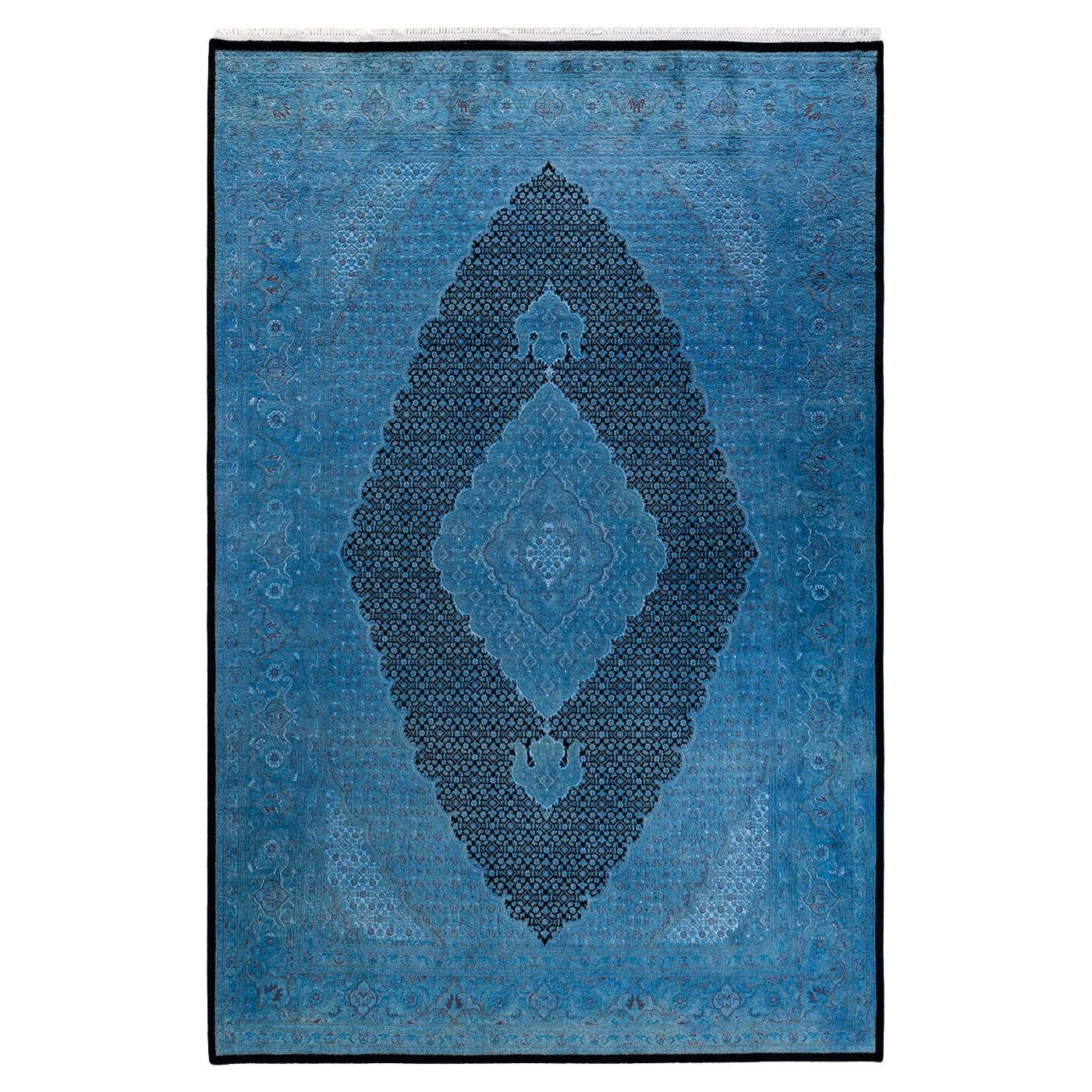 Contemporary Overdyed Hand Knotted Wool Blue Area Rug For Sale