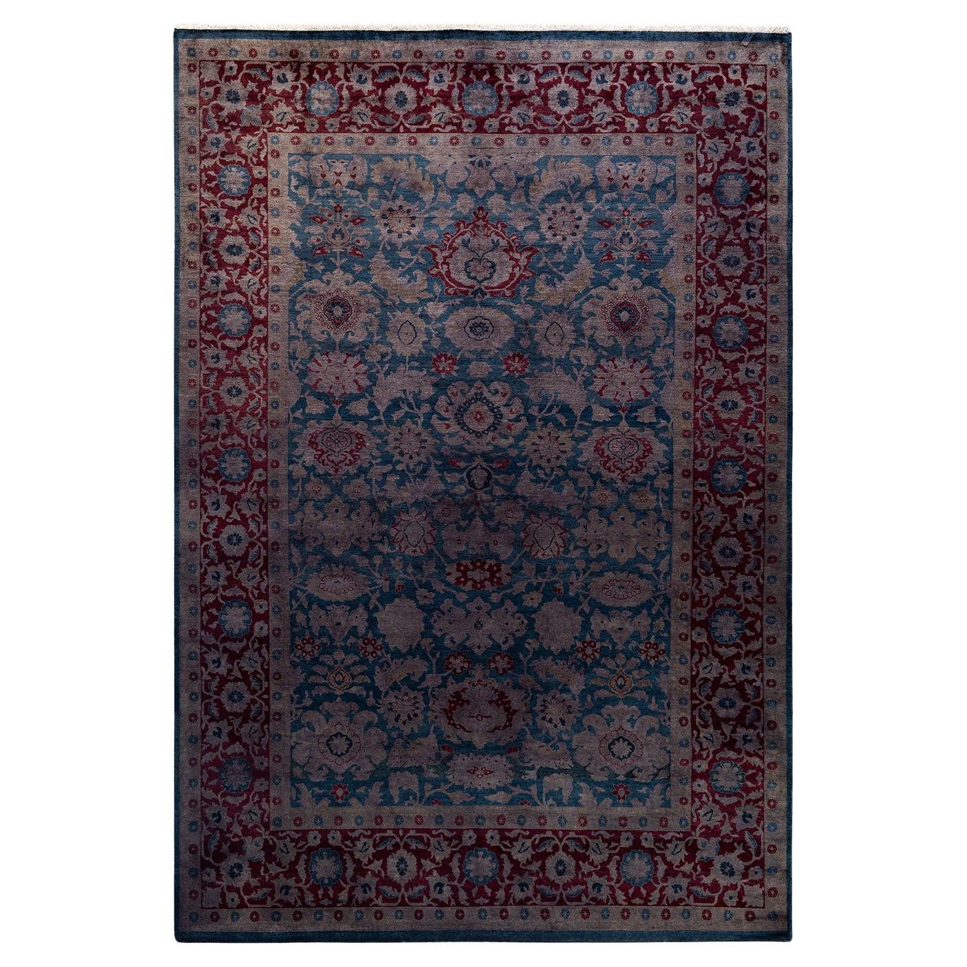 Tapis de sol contemporain en laine surteinte nouée à la main, bleu