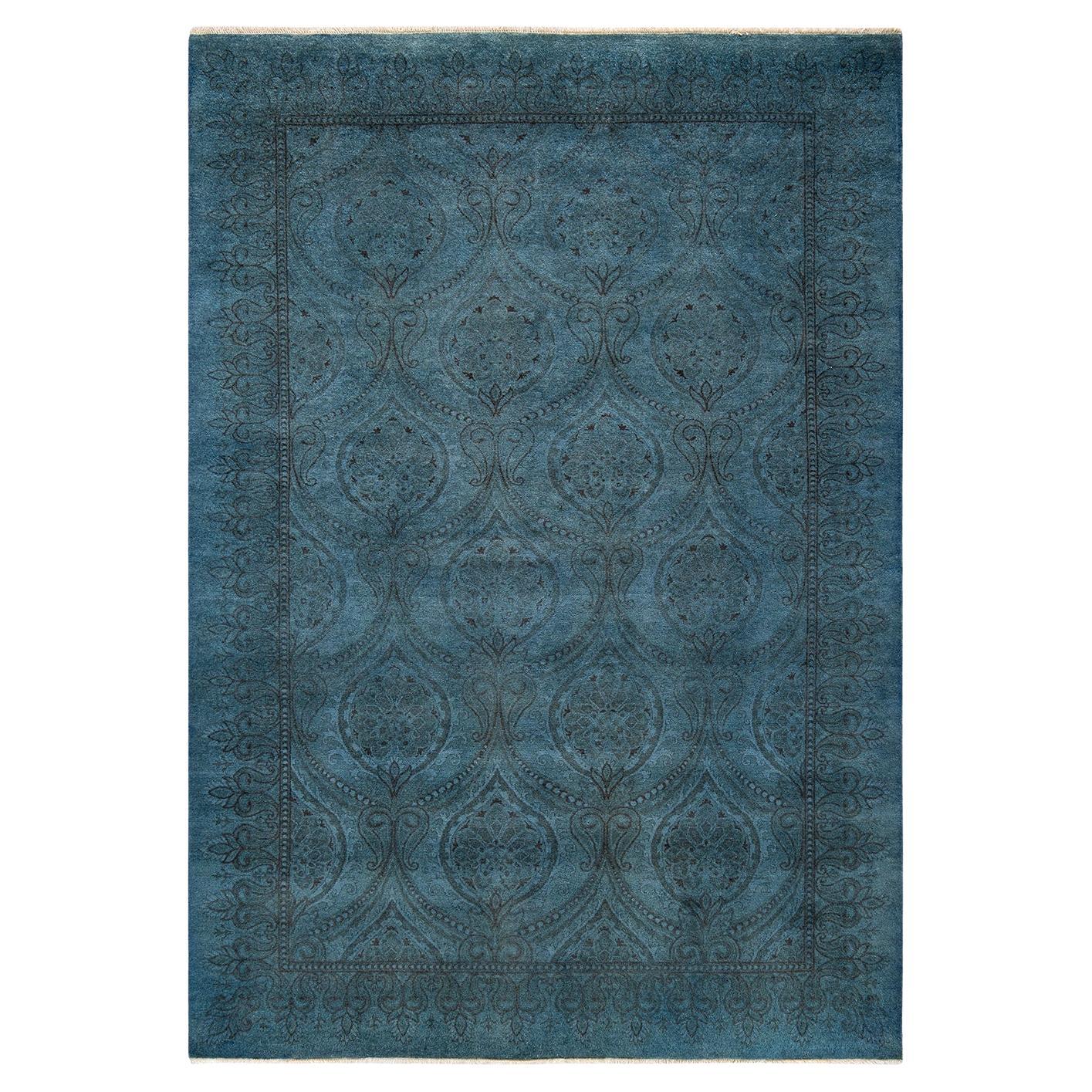 Tapis de sol contemporain en laine surteinte nouée à la main, bleu