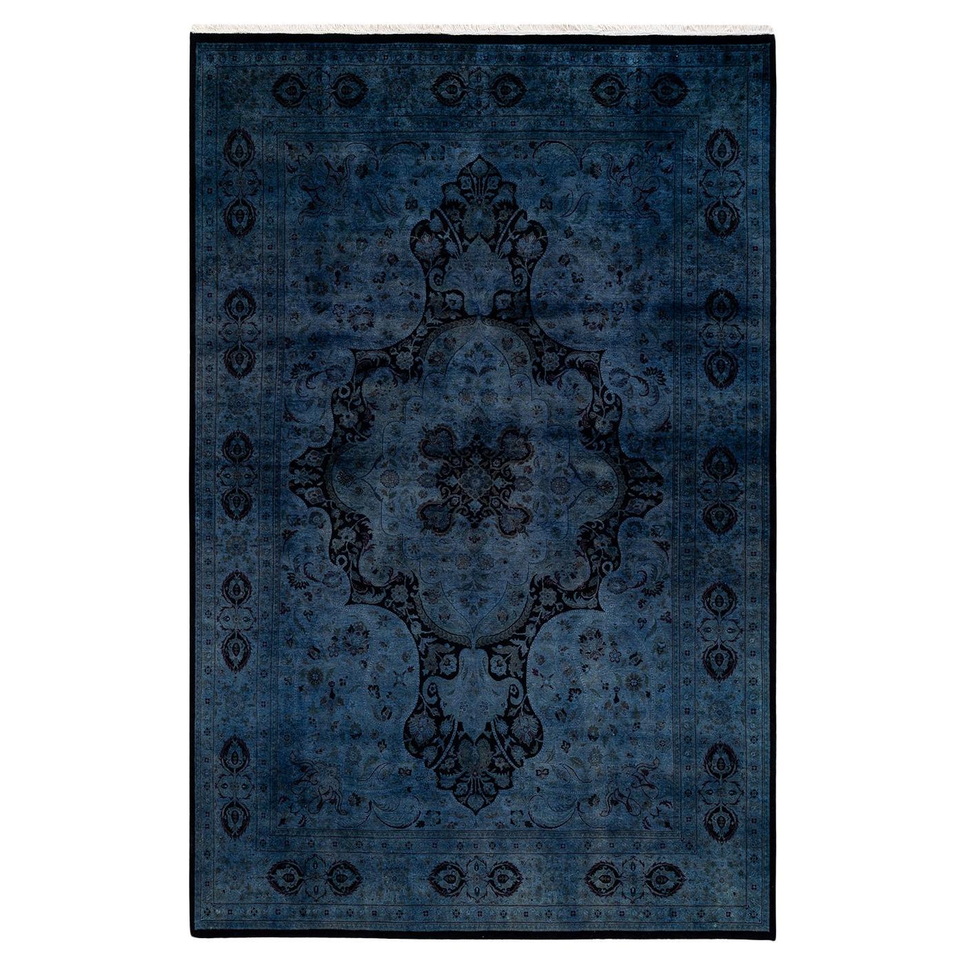 Contemporary Overdyed Hand Knotted Wool Blue Area Rug