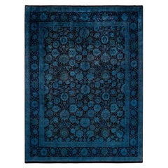 Tapis de sol contemporain en laine surteinte nouée à la main, bleu
