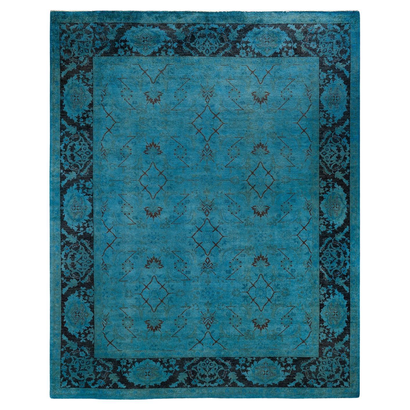 Tappeto contemporaneo in lana sovratinta annodata a mano di colore blu