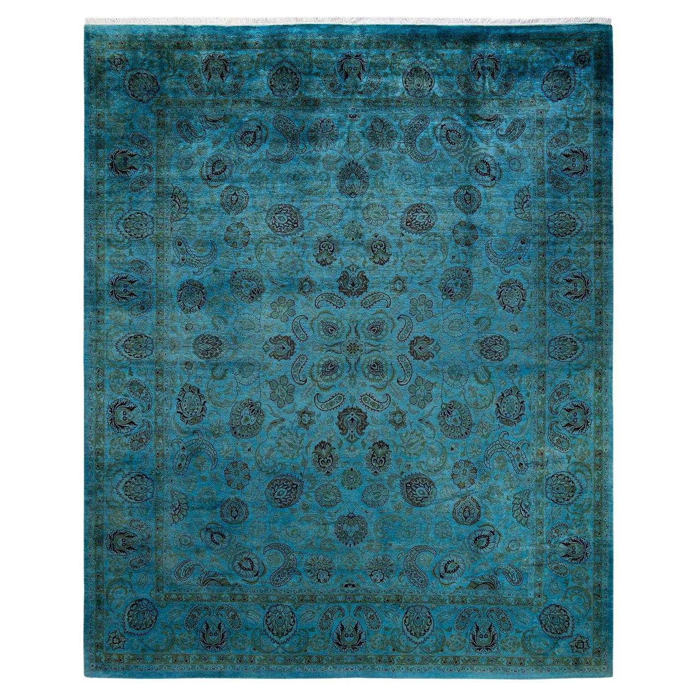 Contemporary Overdyed Hand Knotted Wool Blue Area Rug