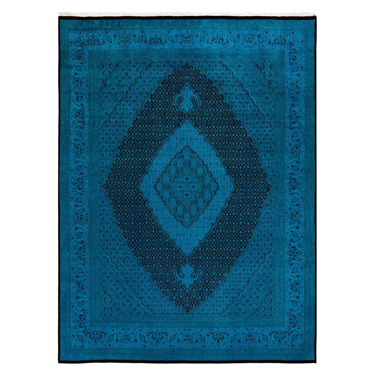 Contemporary Overdyed Hand Knotted Wool Blue Area Rug