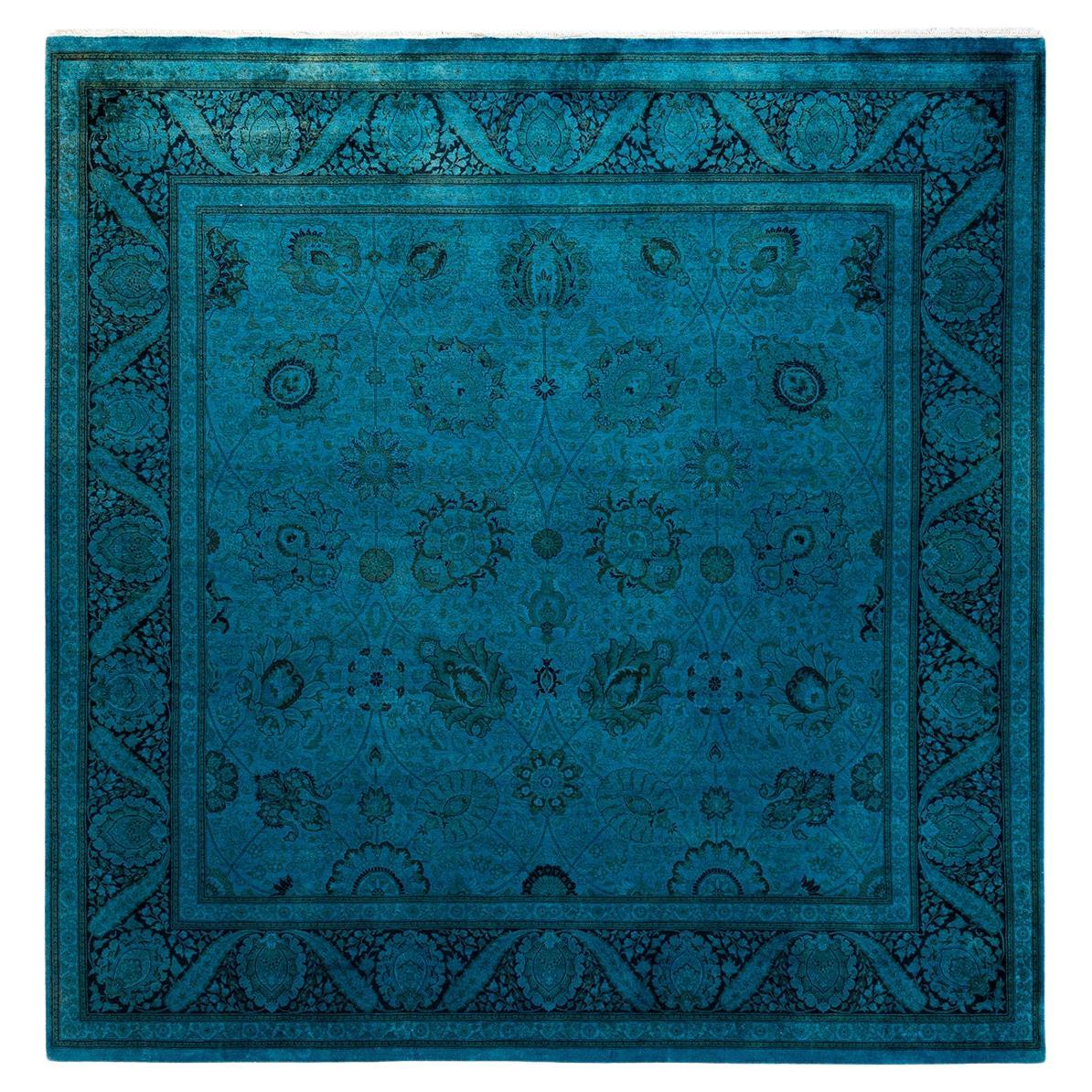 Tapis de sol contemporain en laine surteinte nouée à la main, bleu