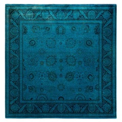 Tapis de sol contemporain en laine surteinte nouée à la main, bleu