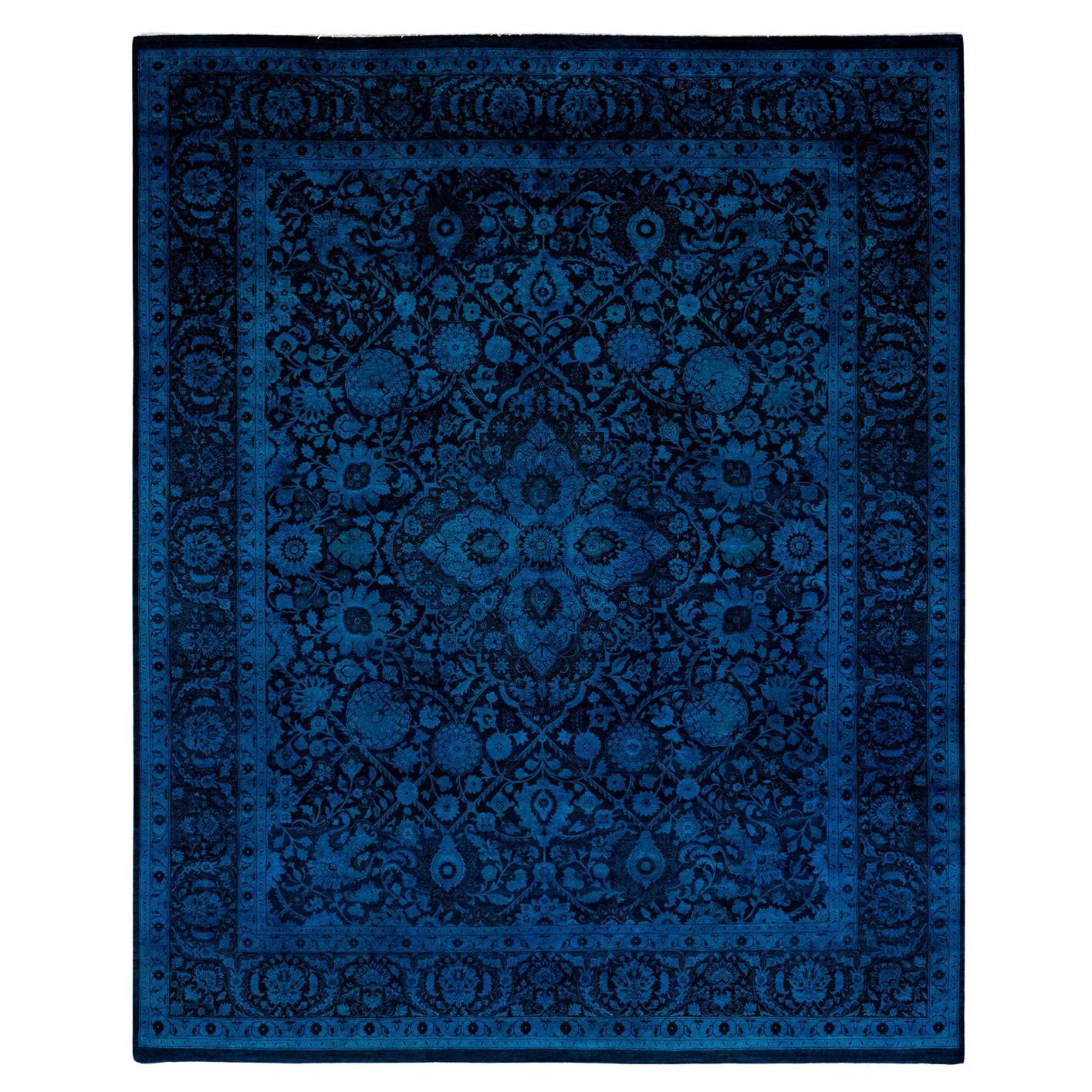 Tapis de sol contemporain en laine surteinte nouée à la main, bleu